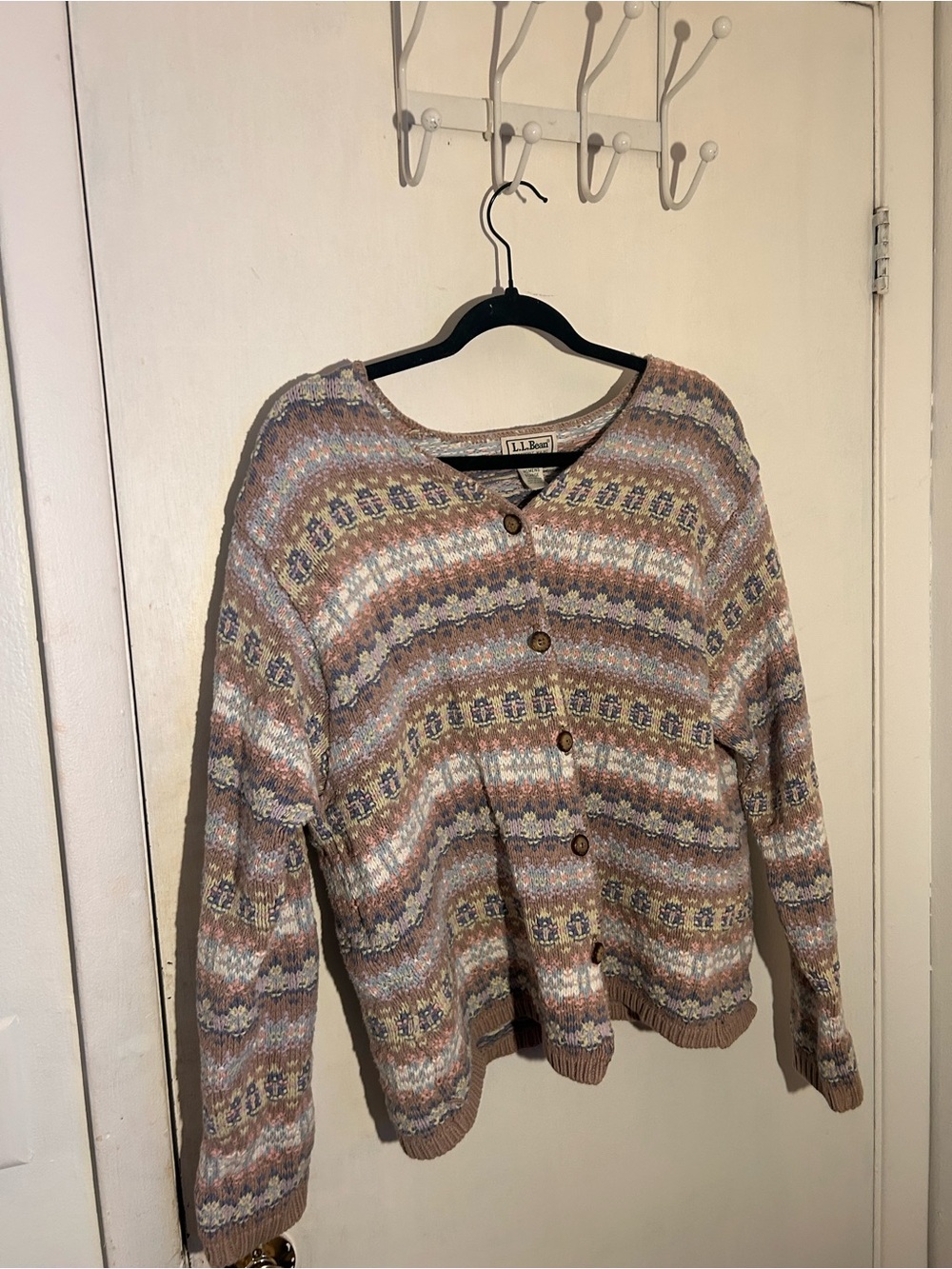 L.L. Bean Brown & Pastel Fair Isle Button Cardigan